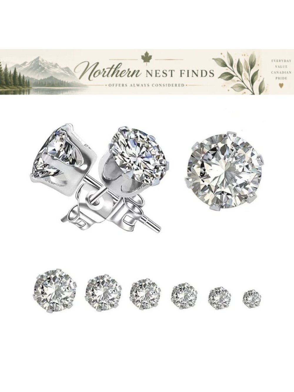 6 Pairs Stainless Steel Cubic Zirconia Stud Earrings Set Hypoallergenic